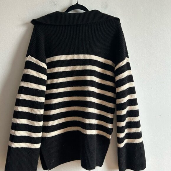 H&M Sz S Nautical Coastal Knit Black And White Strip 1 4 Zip Relaxed Sweater - Picture 7 of 9